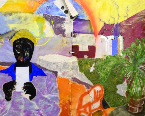 2022_Curtis_Santiago_Photography_Charles_Cousins__3649 - Curtis Talwst Santiago, The Places We Will Come and Will be From, 2017- ongoing, spray paint, oil, charcoal, pastel, acrylic, laces and grommets on canvas, 254 x 365.8 cm.