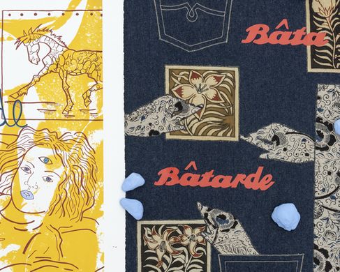 210406_Husain_NadiraKlein_Flora - Nadira Husain, Global Bastard Education, 2019, wooden frame, jeans and kalamkari (vegetable paints), stickers, blue painted stones, gouache and screen print on paper, 80x135 cm.