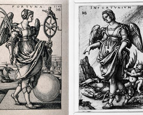 Lecture Performance "The Distribution of Luck" - 1. Hans Sebald Beham "Misfortune", n.d.. Engraving on laid paper, 78 × 51 cm. Brooklyn Museum, Gift of Mrs. Charles Pratt, 57.188.16.

2. Representing fortune. Heliogravure after S. Beham, 1541. Wellcome Collection. Photo: Wellcome Collection.