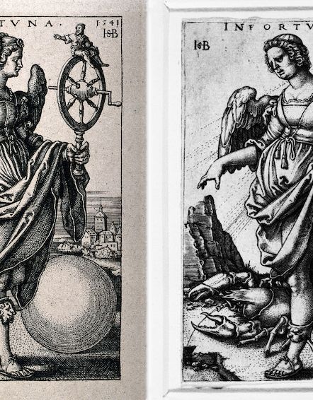 Lecture Performance "The Distribution of Luck" - 1. Hans Sebald Beham "Misfortune", n.d.. Engraving on laid paper, 78 × 51 cm. Brooklyn Museum, Gift of Mrs. Charles Pratt, 57.188.16.

2. Representing fortune. Heliogravure after S. Beham, 1541. Wellcome Collection. Photo: Wellcome Collection.