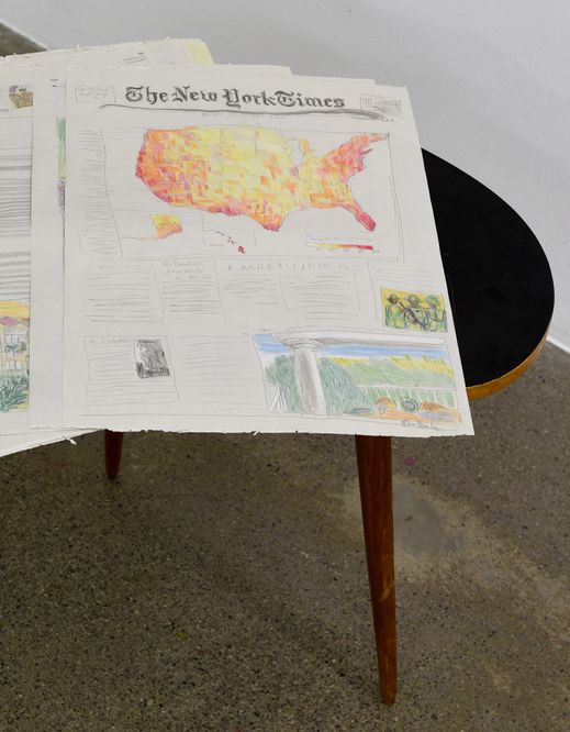 Maria Bussmann, From Times to Times - Maria Bussmann, From Times to Times, 18 drawings on kidney shaped table, each: 44,5 x 31 cm, pencil and coloured pencil on newspaper, 2020