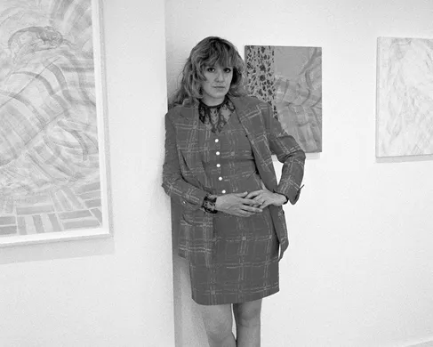 Hannah Tilson portrait, Hannah wearing hand lino printed suit. Portrait taken by Cedric Bardawil - Hannah Tilson, wearing hand lino printed suit, photo: Cedric Bardawil