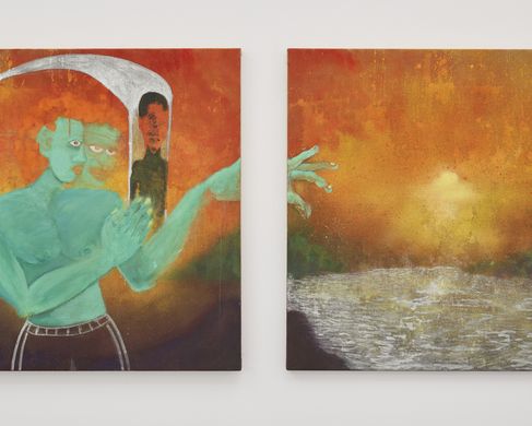 Santiago_Curtis Talwst - Curtis Talwst Santiago, The Inner Architect/The field of Manifestation, Ölfarbe, Gouache, Sprühfarbe, Lackstift auf rohem Leinengewebe, 100 x 200 cm, 2025.