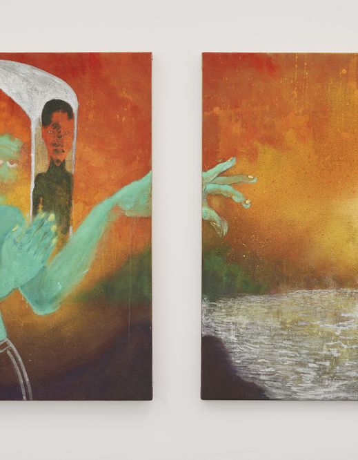 Santiago_Curtis Talwst - Curtis Talwst Santiago, The Inner Architect/The field of Manifestation, Ölfarbe, Gouache, Sprühfarbe, Lackstift auf rohem Leinengewebe, 100 x 200 cm, 2025.